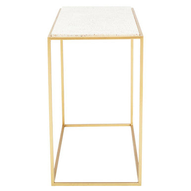 Gold Finish Metal Console Table with White Marble Rectangular Top, Templar