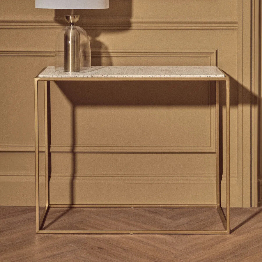 Gold Finish Metal Console Table with White Marble Rectangular Top, Templar