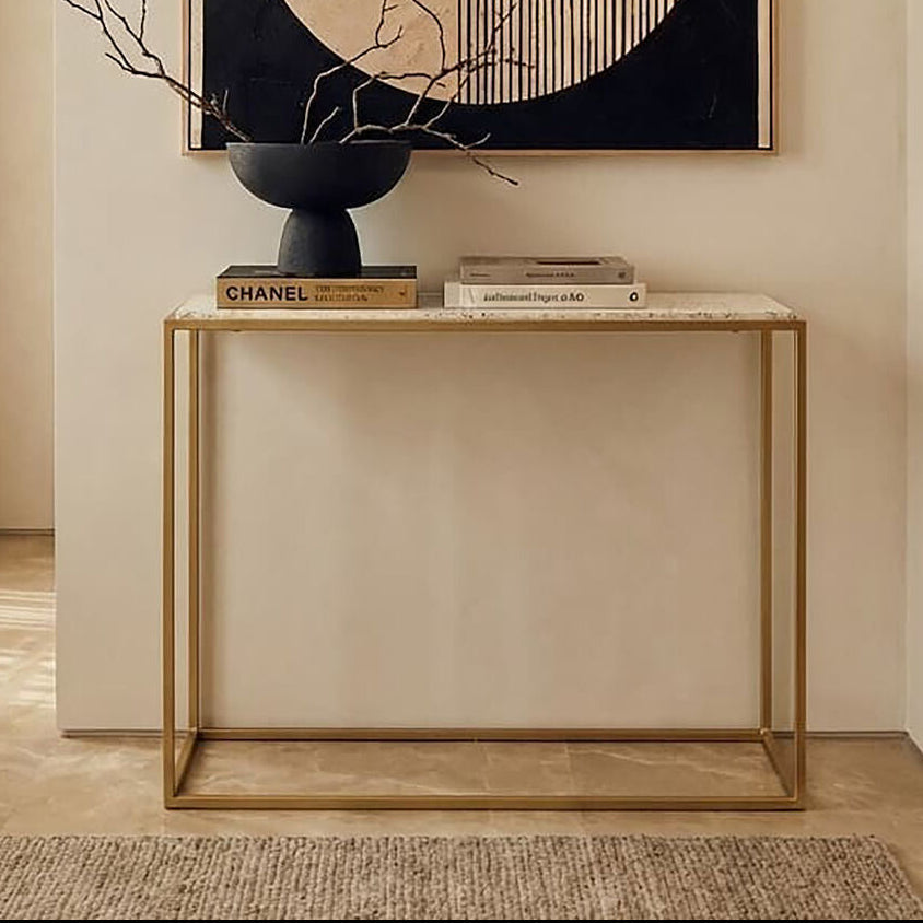 Gold Finish Metal Console Table with White Marble Rectangular Top, Templar