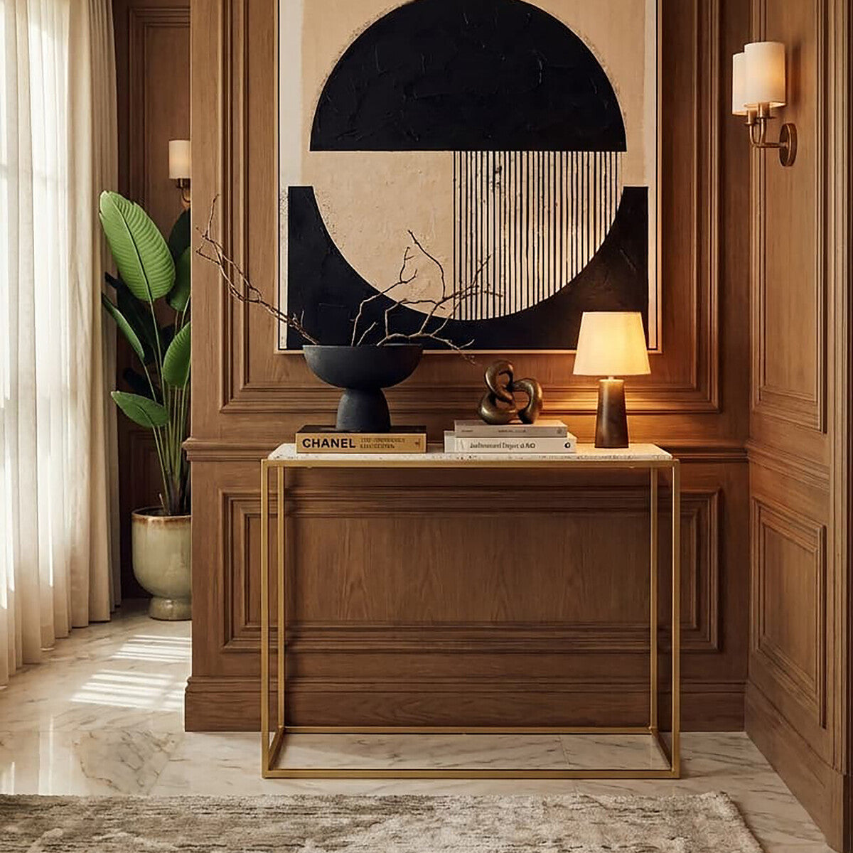 Gold Finish Metal Console Table with White Marble Rectangular Top, Templar