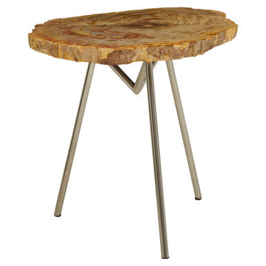 Natural Large Rustic Petrified Wood Top Side Table with Silver Finish Metal Frame, Relic