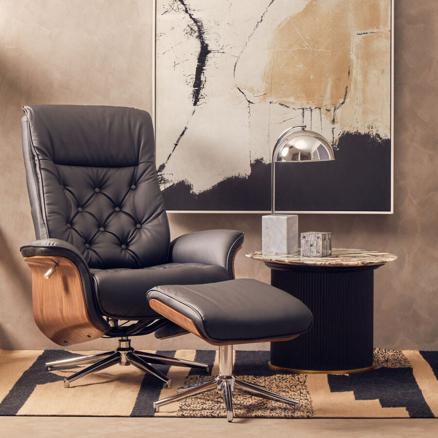 Warrington Black Leather Effect Recliner And Footstool