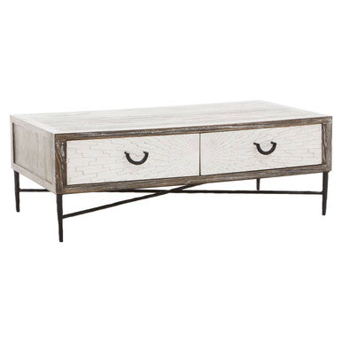 Dark Mud Grey Recycled Elm Wood Coffee Table with Two Storage Drawers and Metal Frame, Milan
