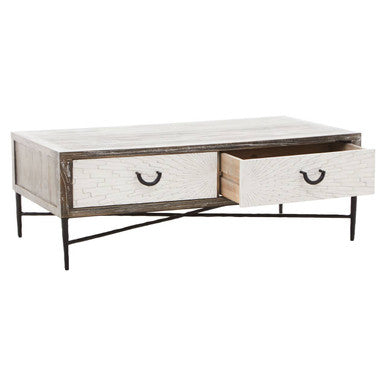 Dark Mud Grey Recycled Elm Wood Coffee Table with Two Storage Drawers and Metal Frame, Milan