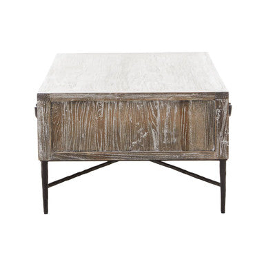 Dark Mud Grey Recycled Elm Wood Coffee Table with Two Storage Drawers and Metal Frame, Milan