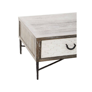Dark Mud Grey Recycled Elm Wood Coffee Table with Two Storage Drawers and Metal Frame, Milan