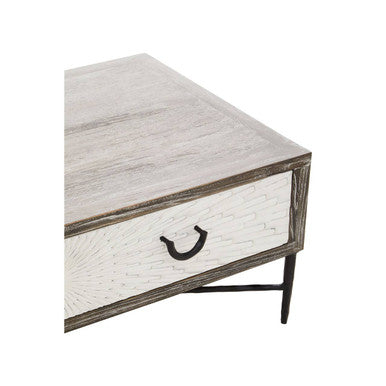 Dark Mud Grey Recycled Elm Wood Coffee Table with Two Storage Drawers and Metal Frame, Milan