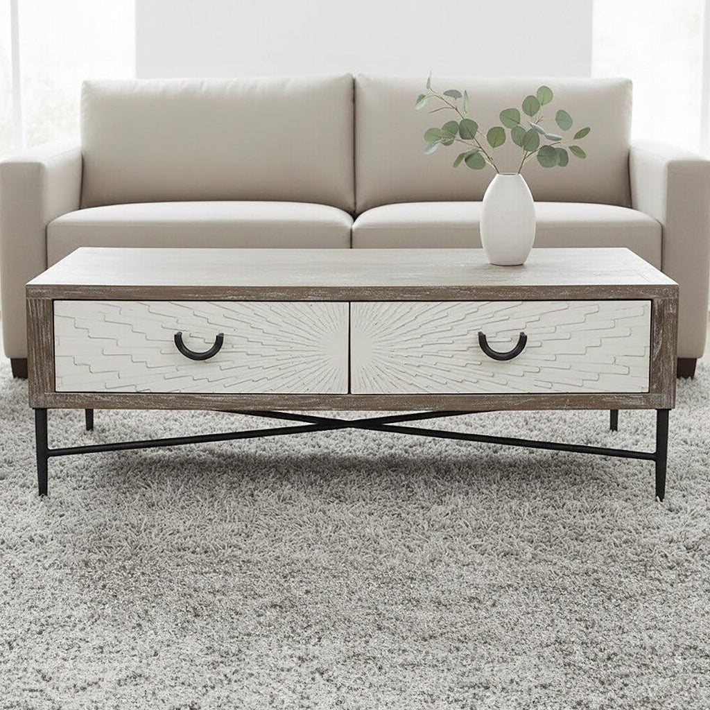Dark Mud Grey Recycled Elm Wood Coffee Table with Two Storage Drawers and Metal Frame, Milan