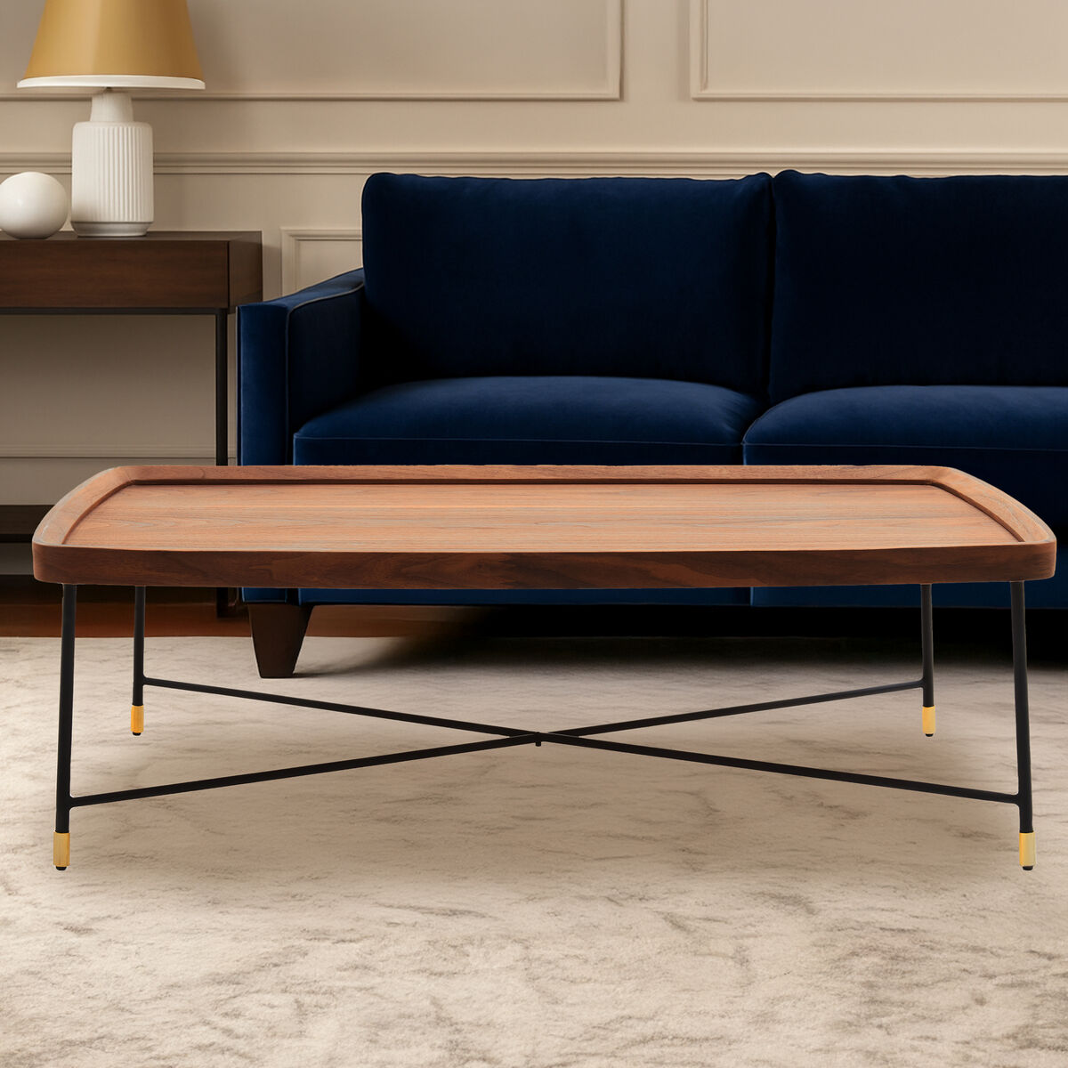 Natural Wooden Top Coffee Table with Black Cross Metal Legs, Doha