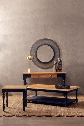 Antique Oak Top Coffee Table with Grey Birchwood Legs and Storage Undershelf, Kensington Townhouse
