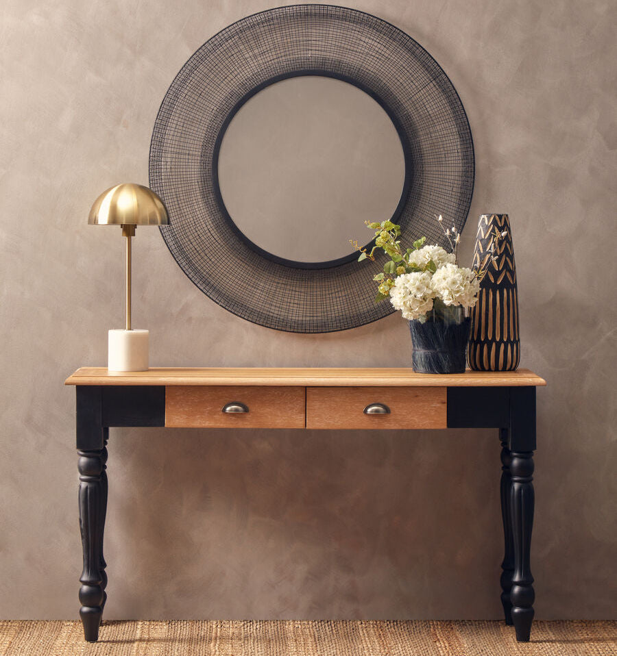 Natural Oak Veneer Top 2-Drawer Console Table with Black Knopped Birchwood Legs and Silver Cupped Handles, Kensington Townhouse