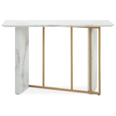 White Marble Effect Top Console Table with Gold Powder Coated Metal Base, Vieste