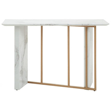 White Marble Effect Top Console Table with Gold Powder Coated Metal Base, Vieste