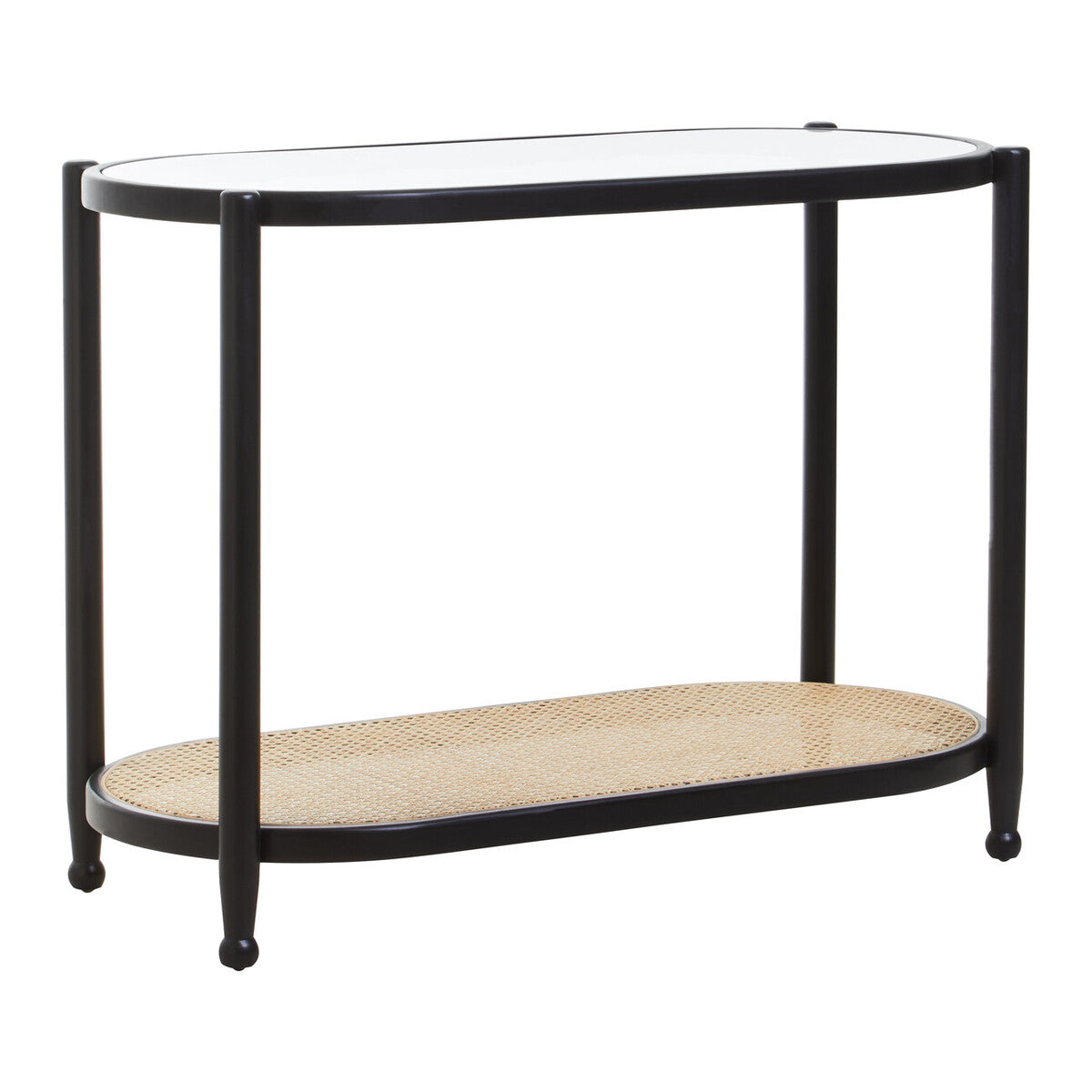 Black Elm Wooden Frame and Clear Glass Top 2-Tier Console Table with Natural Rattan Shelf, Cebu