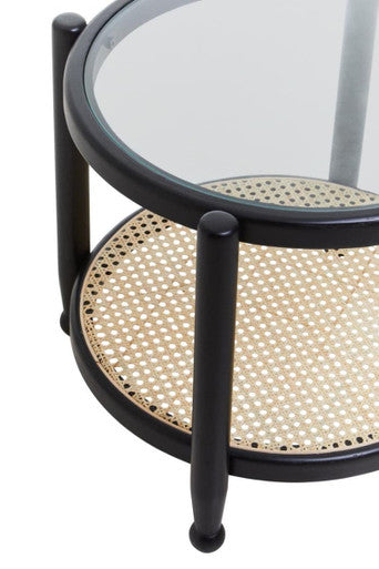 Black Elm Wood Side Table with Glass Top and Cane Open Weave Lower Shelf, Cebu