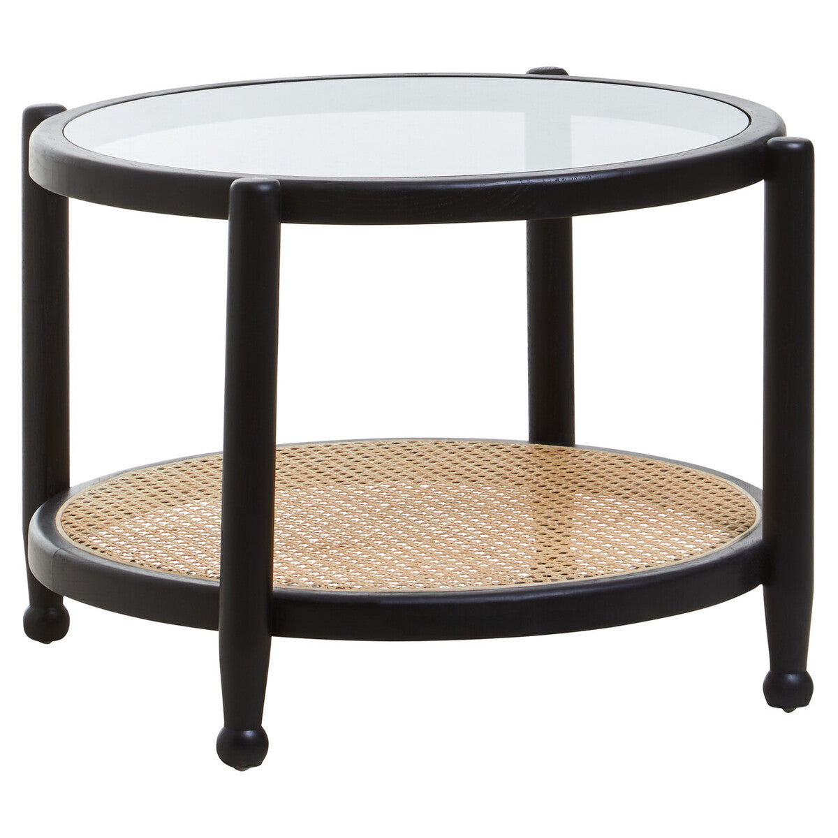 Black Wood and Rattan Frame Coffee Table with Glass Top, Cebu