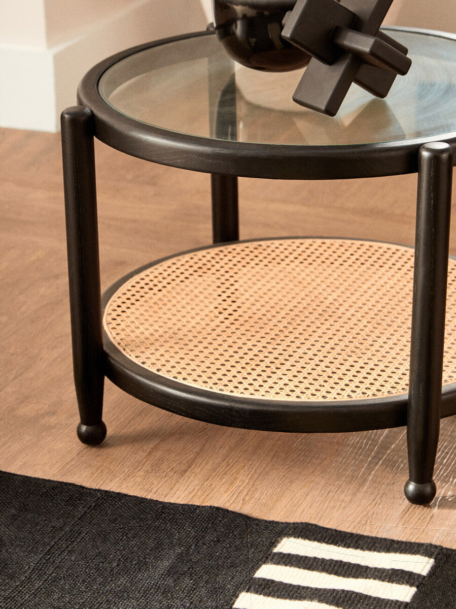 Black Wood and Rattan Frame Coffee Table with Glass Top, Cebu