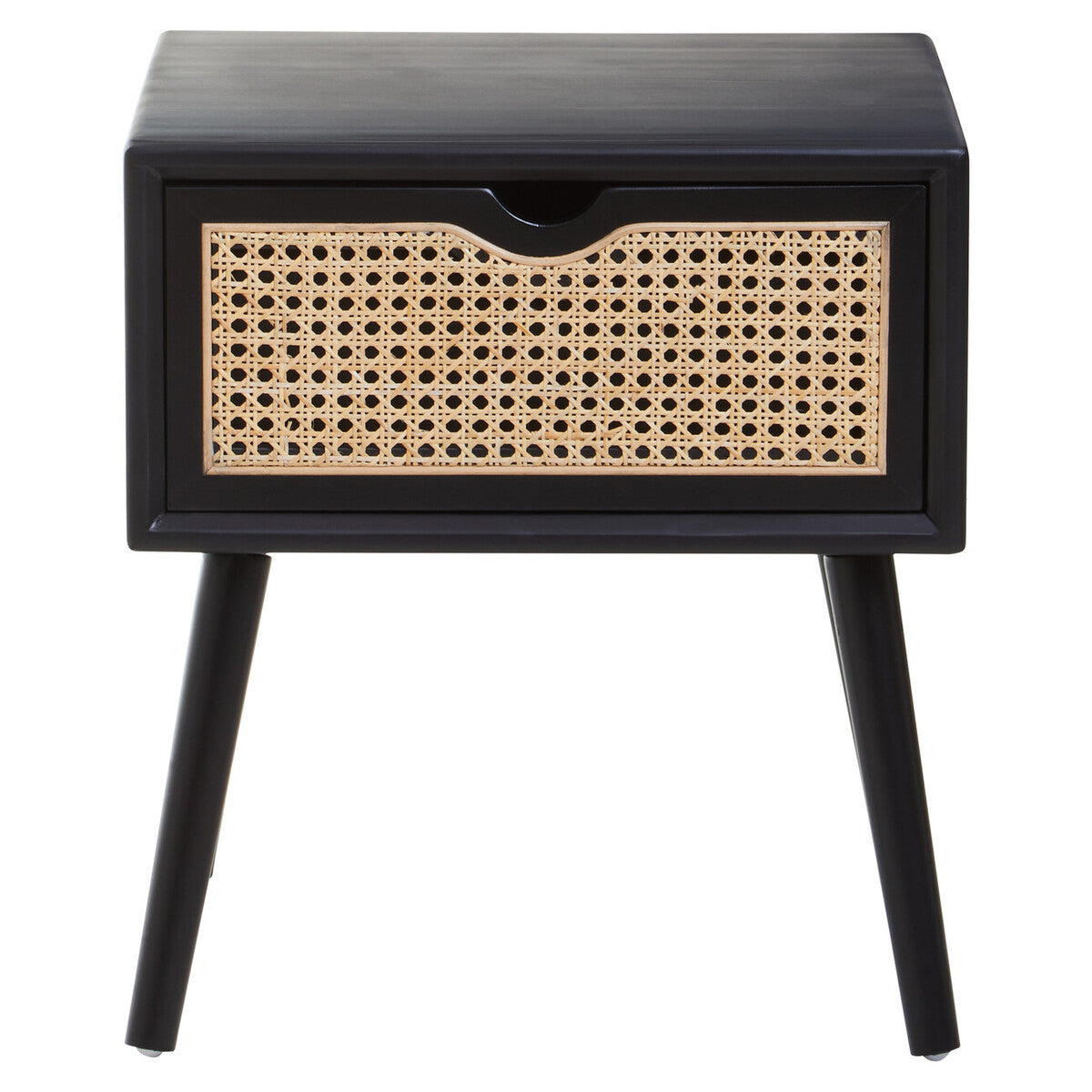 Black Elm Wood Side Table with Natural Cane Weave 1 Drawer and Angular Legs | Cebu