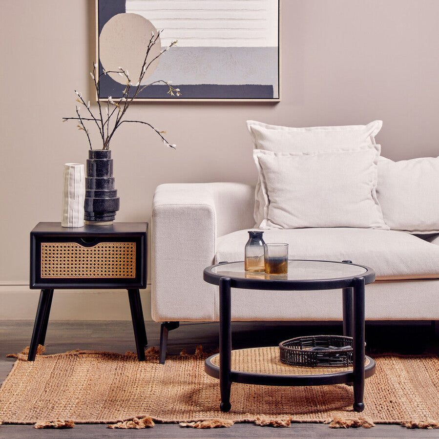 Black Elm Wood Side Table with Natural Cane Weave 1 Drawer and Angular Legs | Cebu