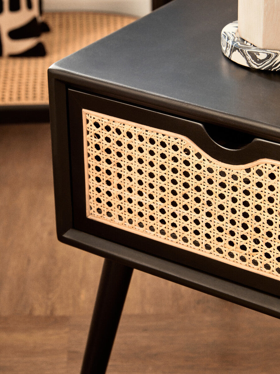 Black Elm Wood Side Table with Natural Cane Weave 1 Drawer and Angular Legs | Cebu