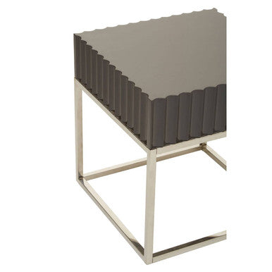 Grey Gloss Square Side Table with Fluted Carved Top and Silver Stainless Steel Frame, Genoa