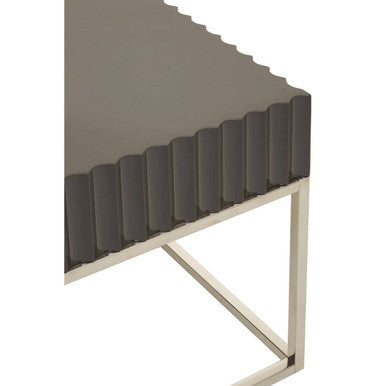 Grey Gloss Square Side Table with Fluted Carved Top and Silver Stainless Steel Frame, Genoa