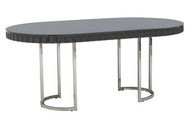Grey High Gloss Oval Dining Table with Fluted Edge and Polished Stainless Steel Sledge Base, Genoa
