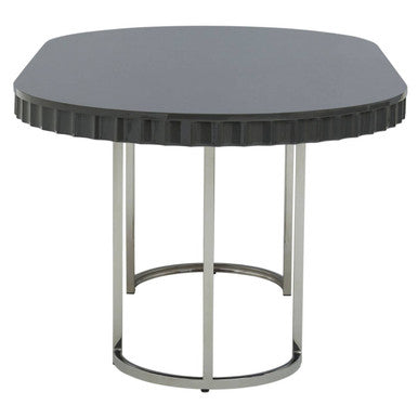 Grey High Gloss Oval Dining Table with Fluted Edge and Polished Stainless Steel Sledge Base, Genoa