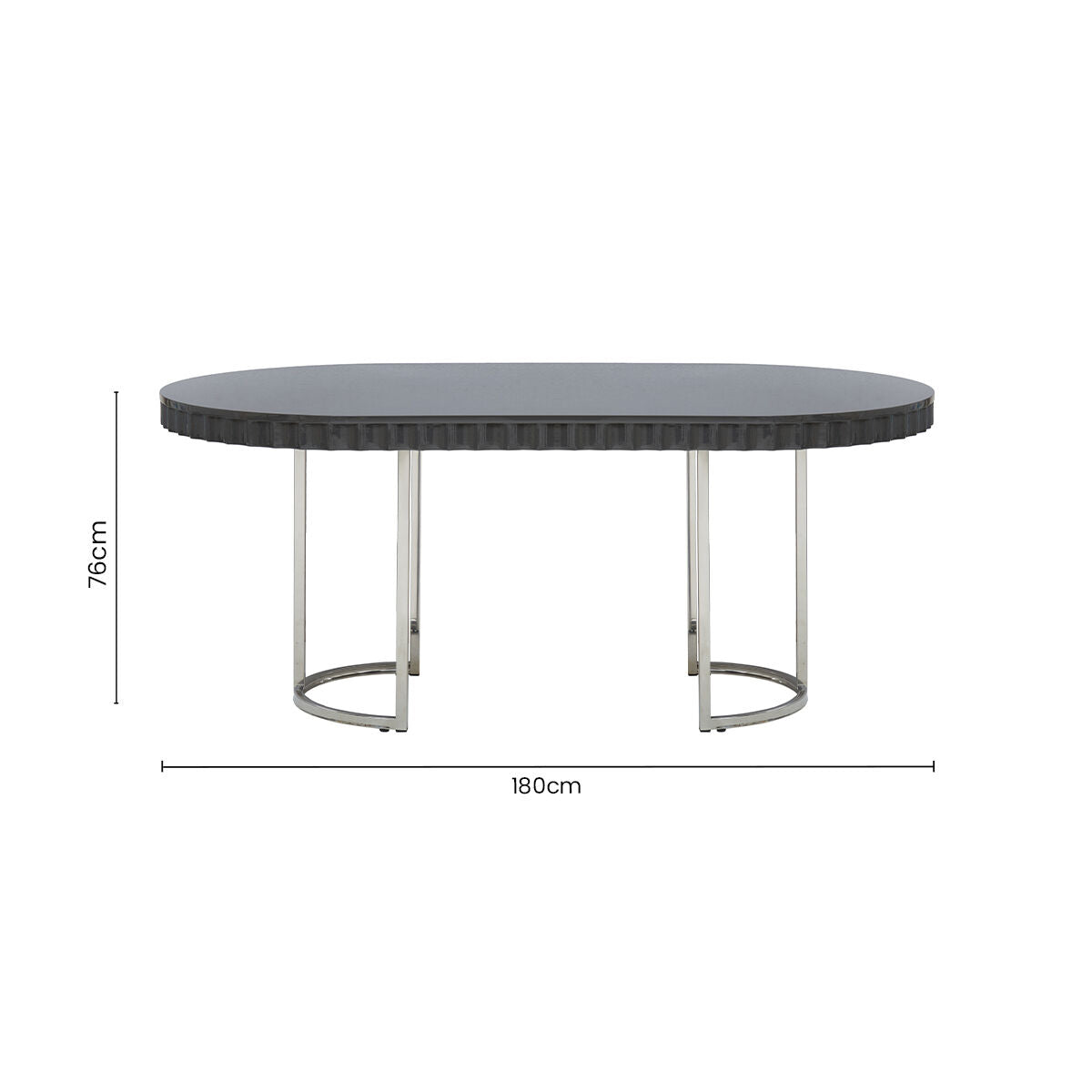 Grey High Gloss Oval Dining Table with Fluted Edge and Polished Stainless Steel Sledge Base, Genoa