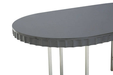 Grey High Gloss Oval Dining Table with Fluted Edge and Polished Stainless Steel Sledge Base, Genoa