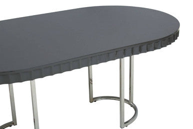 Grey High Gloss Oval Dining Table with Fluted Edge and Polished Stainless Steel Sledge Base, Genoa
