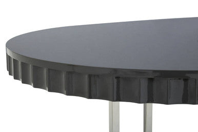 Grey High Gloss Oval Dining Table with Fluted Edge and Polished Stainless Steel Sledge Base, Genoa