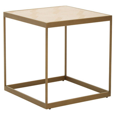 Natural Oak Veneer Small Side Table with Brown Brushed Brass Steel Sledge Base, Grenoble
