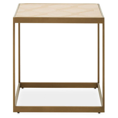 Natural Oak Veneer Small Side Table with Brown Brushed Brass Steel Sledge Base, Grenoble