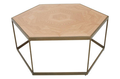 Natural Oak Hexagonal Veneer Coffee Table with Brown Brushed Brass Steel Frame, Grenoble