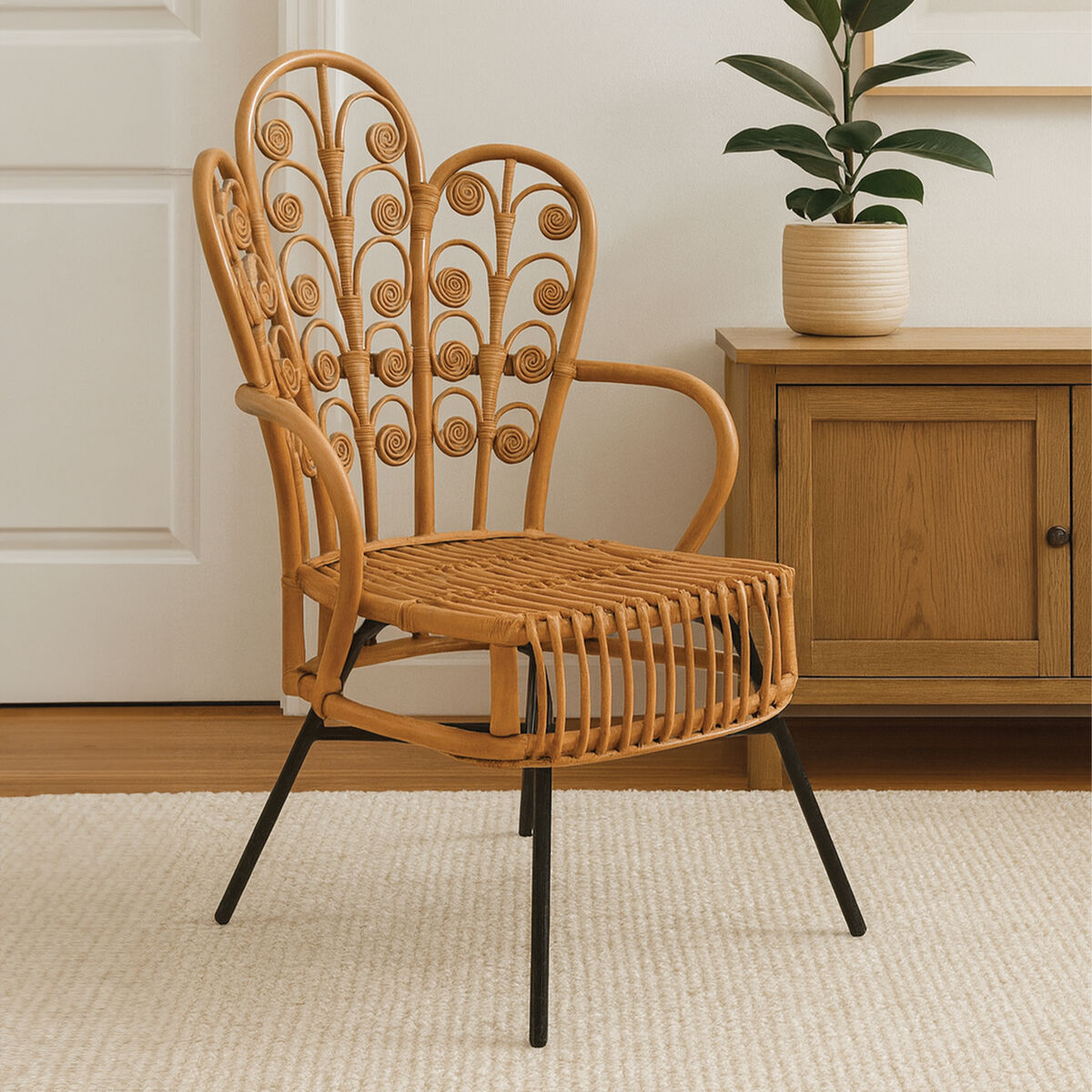 Java Natural Rattan Chair with Scalloped Back