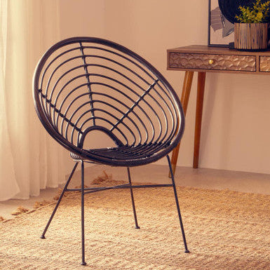 Java Black Rattan Round Chair with Black Iron Legs