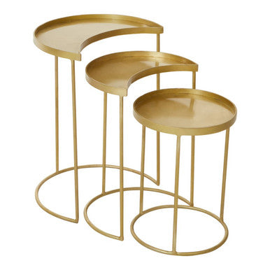 Set of 3 Antique Brass Finish Metallic Nesting Side Tables with Slim Legs and Half-Moon Tops | Suar