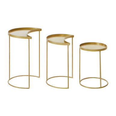Set of 3 Antique Brass Finish Metallic Nesting Side Tables with Slim Legs and Half-Moon Tops | Suar