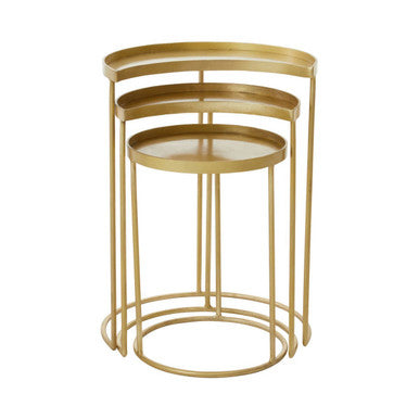 Set of 3 Antique Brass Finish Metallic Nesting Side Tables with Slim Legs and Half-Moon Tops, Suar