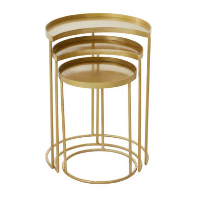 Set of 3 Antique Brass Finish Metallic Nesting Side Tables with Slim Legs and Half-Moon Tops | Suar