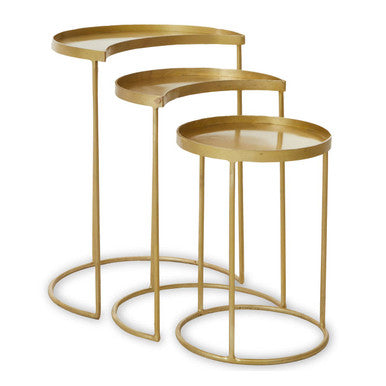 Set of 3 Antique Brass Finish Metallic Nesting Side Tables with Slim Legs and Half-Moon Tops | Suar