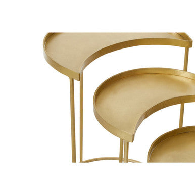 Set of 3 Antique Brass Finish Metallic Nesting Side Tables with Slim Legs and Half-Moon Tops, Suar