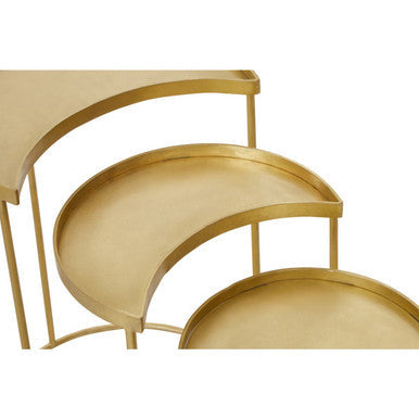 Set of 3 Antique Brass Finish Metallic Nesting Side Tables with Slim Legs and Half-Moon Tops | Suar