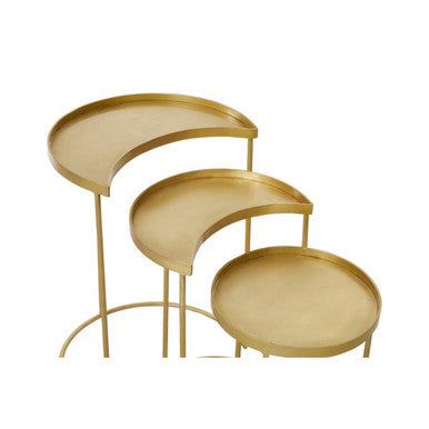 Set of 3 Antique Brass Finish Metallic Nesting Side Tables with Slim Legs and Half-Moon Tops | Suar