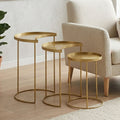 Set of 3 Antique Brass Finish Metallic Nesting Side Tables with Slim Legs and Half-Moon Tops | Suar