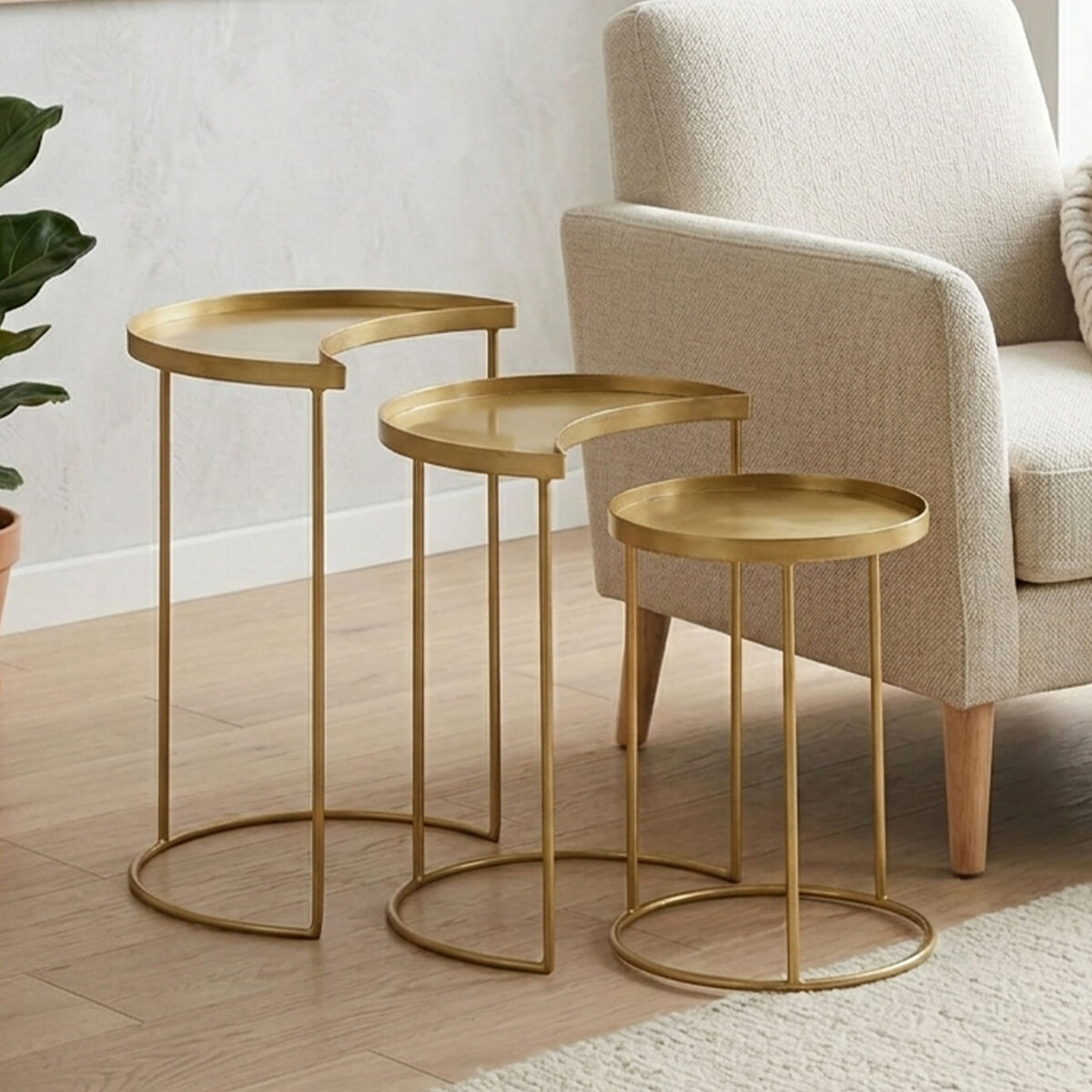 Set of 3 Antique Brass Finish Metallic Nesting Side Tables with Slim Legs and Half-Moon Tops | Suar