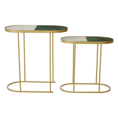 Set of 2 Marble Top Nesting Side Tables with Slim Antique Brass Finish Geometric Base, Suar