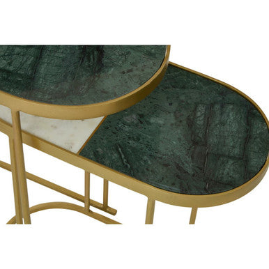 Set of 2 Marble Top Nesting Side Tables with Slim Antique Brass Finish Geometric Base, Suar