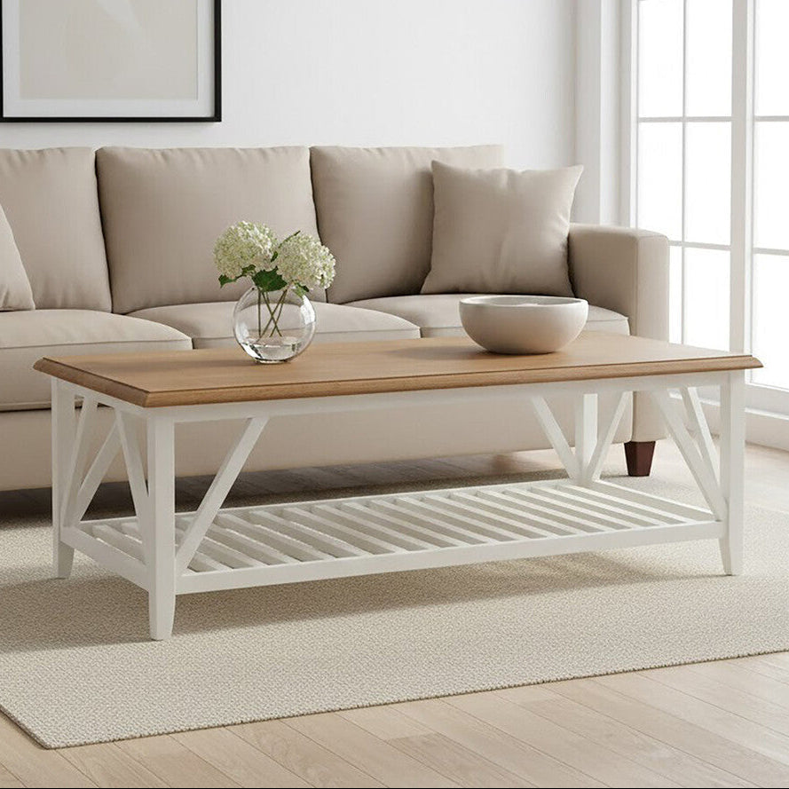 Brown Natural Oak and Birch Wood Rectangular Coffee Table with White Frame, Parkside